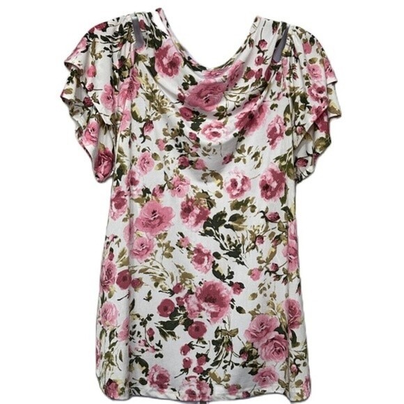 Discreet Floral‎ Print Multicolored Short Sleeve  Open Shoulder Size XL Top - Picture 4 of 16